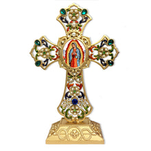 Load image into Gallery viewer, Our Lady of Guadalupe Icon Filigree Standing Jeweled Icon Cross - Decorated with Faux Pearls 8 5/8 Inch - Icon is Gold Foil
