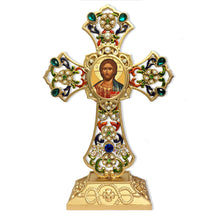 Load image into Gallery viewer, Christ - Filigree Standing Jeweled Icon Cross - Decorated with Faux Pearls 8 5/8 Inch
