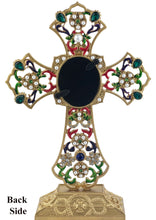 Load image into Gallery viewer, Our Lady of Guadalupe Icon Filigree Standing Jeweled Icon Cross - Decorated with Faux Pearls 8 5/8 Inch - Icon is Gold Foil
