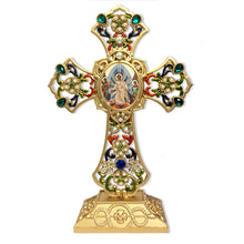 Load image into Gallery viewer, Filigree Standing Jeweled Icon Cross With Greek Gold Foil Icon Resurrection of Christ - Decorated with Faux Pearls 8 5/8 Inch
