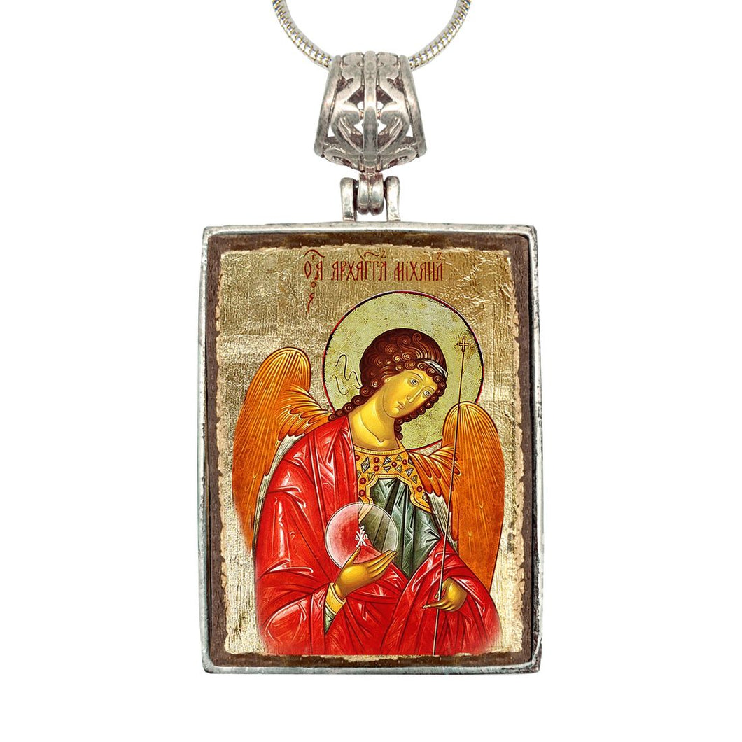 Saint Michael Religious Jewelry Silver Plated Necklace, Gold-Plated Wooden Cabochon