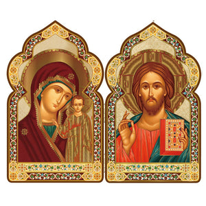 Church Dome Shape Diptych - Virgin of Kazan and Christ The Teacher Gold Foil