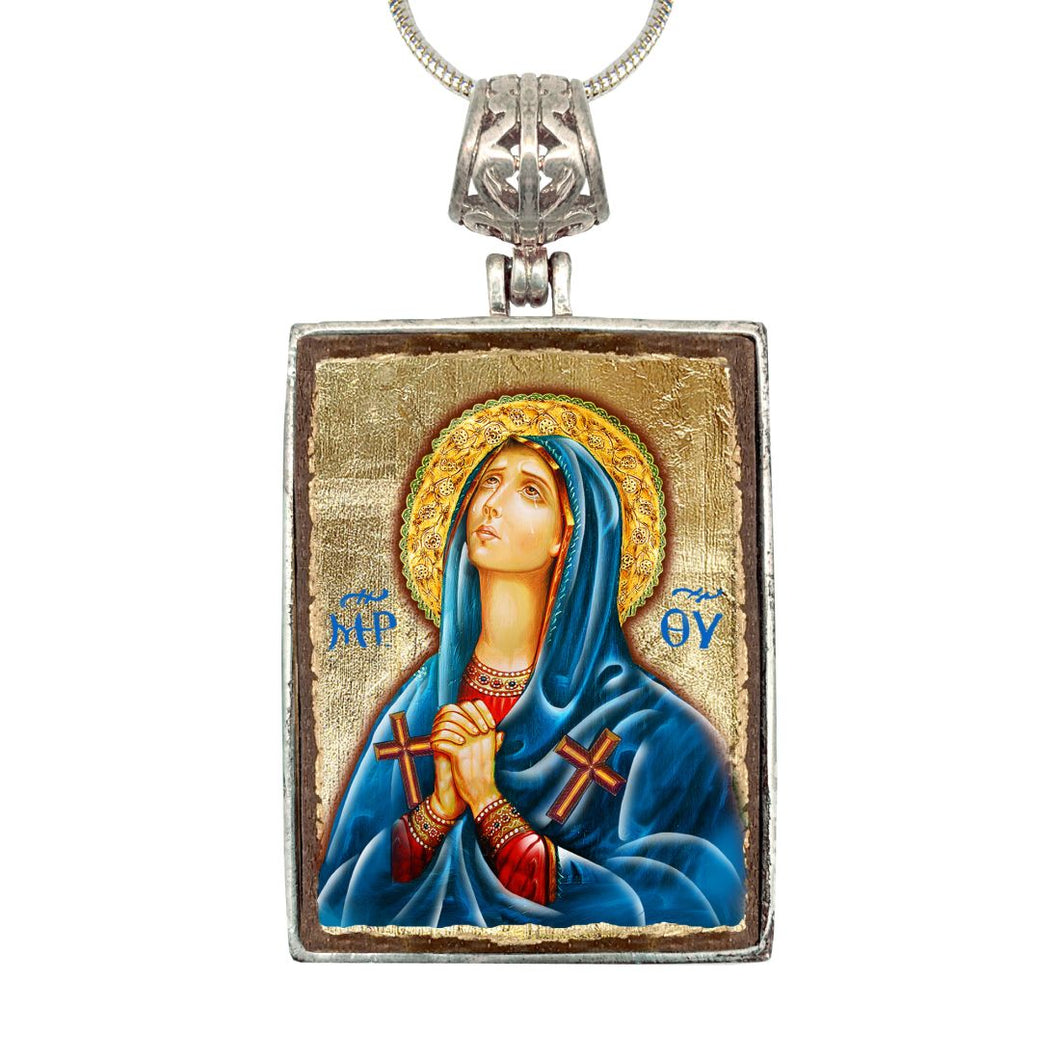 Maria Magdalena Religious Jewelry Silver Plated Necklace, Gold-Plated Wooden Cabochon
