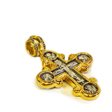 Load image into Gallery viewer, Sterling Silver 925 24kt Gold Plated Traditional Byzantine Style Lobed Cross With Crucifixion Archangels Michael and Gabriel Virgin Mary St John Beloved and More   1 3/8"x 7/8"
