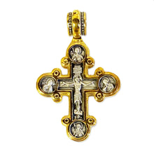 Load image into Gallery viewer, Sterling Silver 925 24kt Gold Plated Traditional Byzantine Style Lobed Cross With Crucifixion Archangels Michael and Gabriel Virgin Mary St John Beloved and More   1 3/8"x 7/8"
