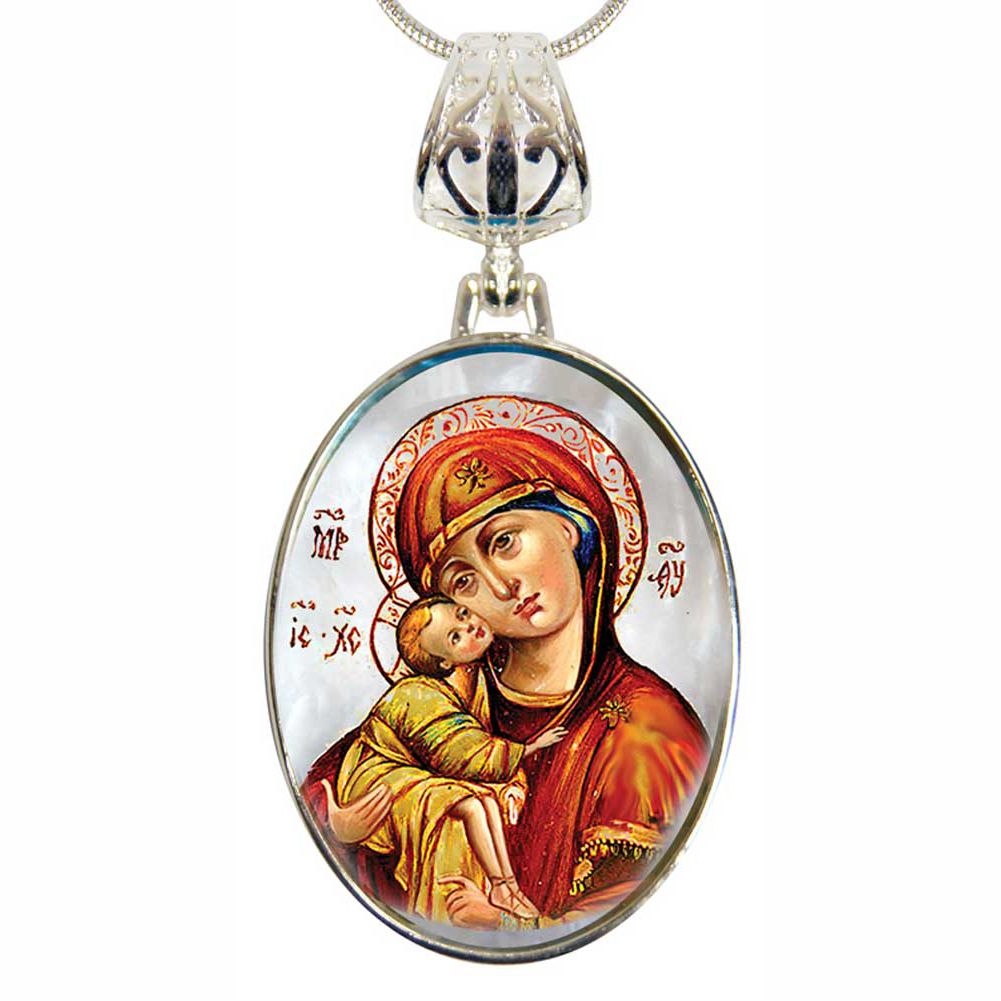 Holy Virgin Mary Vladimir Silver Plated Mother of Pearl Necklace Jewelry