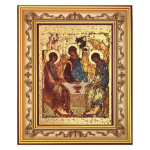 Load image into Gallery viewer, Holy Trinity Icon Silkscreen on Cotton Canvas - Gold Gilded Byzantine Greek Icon - in Wooden Frame Decorated With Crosses Comes With Stand For Standing and Hook For Hanging on Wall 7 1/4"x5 3/4"

