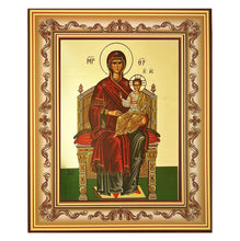 Load image into Gallery viewer, Virgin and Child, Enthroned - Gold Gilded Byzantine Greek Icon - in Wooden Frame Decorated With Crosses Comes With Stand For Standing and Hook For Hanging on Wall 7 1/4"x5 3/4"
