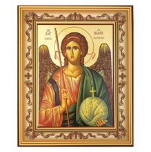 Load image into Gallery viewer, Archangel Μιchael - Gold Gilded Byzantine Greek Icon - in Wooden Frame Decorated With Crosses Comes With Stand For Standing and Hook For Hanging on Wall 7 1/4"x5 3/4"
