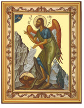 Load image into Gallery viewer, SAINT JOHN THE FORERUNNER, BIRD OF DESERT Greek Byzantine Icon -  Wall Hanging with Stand - Gold Foil Design - 7 3/4 Inch Tall

