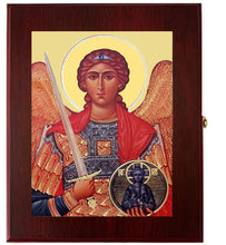 Load image into Gallery viewer, Saint Michael Framed in WALL Hanging Or TABLE  Box - Prayer Ropes, Beads, Jewelry Prayer Cards Anything Sacred  7 1/2 Inch
