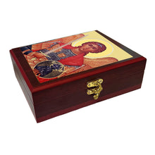 Load image into Gallery viewer, Saint Michael Framed in WALL Hanging Or TABLE  Box - Prayer Ropes, Beads, Jewelry Prayer Cards Anything Sacred  7 1/2 Inch
