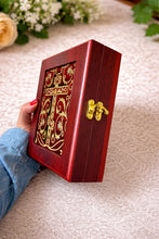 Load image into Gallery viewer, Three Bar Cross Wooden Icon Box Keepsake For Prayer Beads Rosary Jewelry -  Anything Sacred 7 1/2 Inch - Table or Wall Hanging
