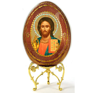 Image of Jesus Christ The Teacher Wooden Russian Icon Egg With Gold Stand 6 1/2"