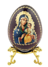 Load image into Gallery viewer, Eternal Bloom  Virgin Mary &amp; Christ Wooden Russian Icon Egg With Gold Metal Stand 6" - Gold Foil Icon
