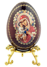 Load image into Gallery viewer, Icon of the Mother of God of Zhirovits Virgin Mary and Christ  Wooden Russian Icon Egg With Gold Metal Stand 6" - Gold Foil Icon
