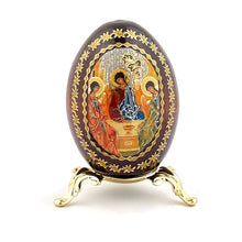 Load image into Gallery viewer, Holy Trinity Icon Egg Wooden  on Gold Metal Stand - Holy Trinity Icon is Gold Foil
