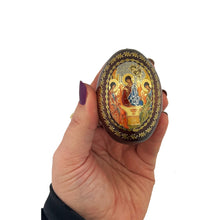 Load image into Gallery viewer, Holy Trinity Icon Egg Wooden  on Gold Metal Stand - Holy Trinity Icon is Gold Foil
