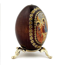 Load image into Gallery viewer, Holy Trinity Icon Egg Wooden  on Gold Metal Stand - Holy Trinity Icon is Gold Foil

