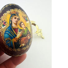 Load image into Gallery viewer, Perpetual Help Wood Icon Egg on Gold Metal Stand 3¼ inches tall - Gold Foil Icon
