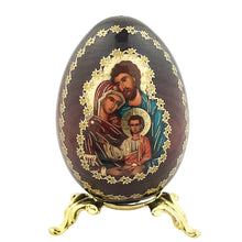 Load image into Gallery viewer, Byzantine Icon Egg Virgin Of Holy Family Wooden Icon Egg on Gold Metal Stand 3¼ inches tall - Gold Foil Icon
