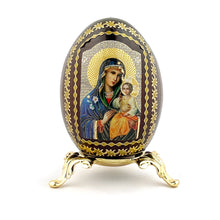 Load image into Gallery viewer, Pair, Virgin Mary Eternal Bloom and Christ Wood Icon Eggs on Gold Metal Stand - Set of 2
