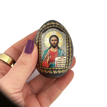 Load image into Gallery viewer, Jesus Christ The Teacher Wood Icon Egg on Gold Metal Stand
