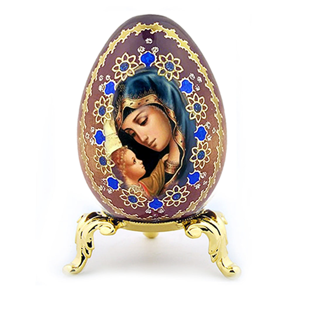 Wood Icon Egg Madonna and Child in Blue Decorated With Faux Blue Crystals