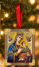 Load image into Gallery viewer, Nativity of Christ - Guardian Angel - Perpetual Help - Wooden Icon Christmas Ornaments - Gold Foiled  2 Sided - With Red Ribbon - Set of 3
