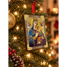 Load image into Gallery viewer, Nativity of Christ &amp; Perpetual Help Wooden Icon Christmas Ornaments - Gold Foiled  2 Sided - With Red Ribbon - Set of 2

