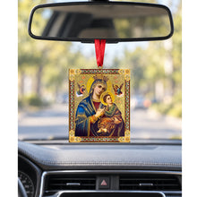 Load image into Gallery viewer, Nativity of Christ &amp; Perpetual Help Wooden Icon Christmas Ornaments - Gold Foiled  2 Sided - With Red Ribbon - Set of 2
