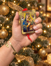 Load image into Gallery viewer, Nativity of Christ &amp; Perpetual Help Wooden Icon Christmas Ornaments - Gold Foiled  2 Sided - With Red Ribbon - Set of 2
