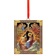 Load image into Gallery viewer, Nativity of Christ - Wooden Icon Ornaments - 2 Sided - With Red Ribbon - Gold Foil Icon Mounted on Wood - Set of 2

