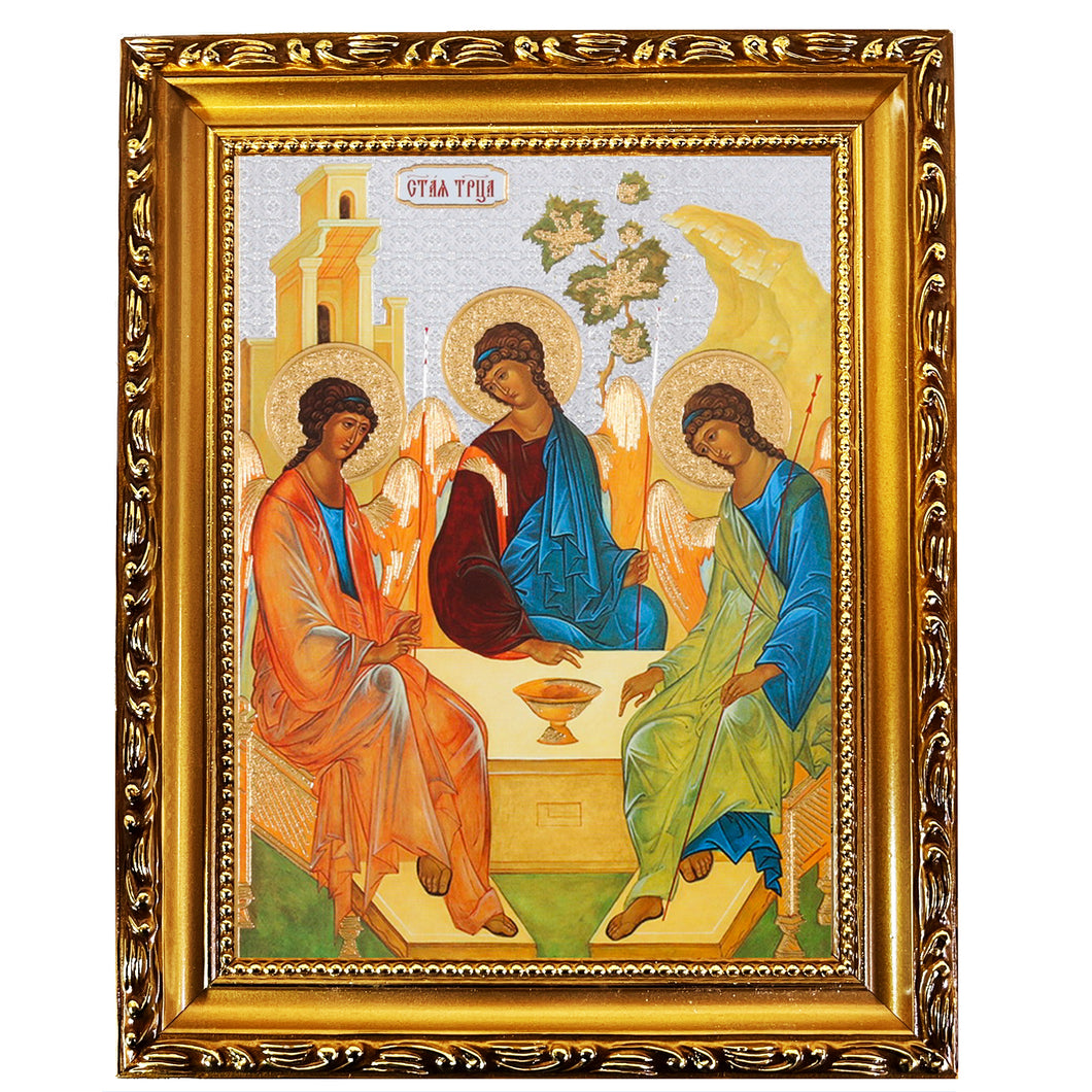 Holy Trinity Icon - In Wooden Gold Frame - Icon is Gold Foil