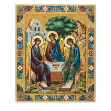 Load image into Gallery viewer, Holy Trinity  Gold Foil Wooden Icon 3 inch, Gold foil Cross on the Back Side

