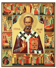Load image into Gallery viewer, Orthodox St Saint Nicholas Icon Feast Days - Gold Foil Wooden Icon 4 3/4 inch, With Hook For Hanging on Wall and Stand for Standing
