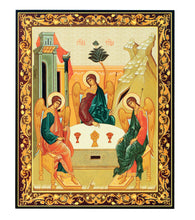 Load image into Gallery viewer, Holy Trinity Icon Gold Foil Wooden Icon 3 inch, Gold foil Cross on the Back Side
