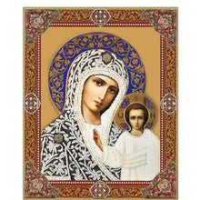 Load image into Gallery viewer, Virgin of Kazan  &amp; Christ Wedding Pair (With Pearls Printed) Wooden Icon Decoupage - Wall Hanging with Display Stand 7 1/2 inch
