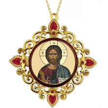 Load image into Gallery viewer, Christ The Teacher Gold Foiled Byzantine Christmas Icon Ornament Room Decoration - Framed In Jeweled Frame, Decorated With Faux Crystals, 4 Inch
