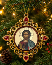 Load image into Gallery viewer, Christ The Teacher &amp; Perpetual Help - Set of 2 - Greek Gold Foiled Byzantine Christmas Icon Ornament and Room Decoration - Framed In Jeweled Frame, Decorated With Faux Crystals, 4 Inch
