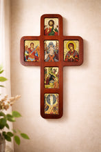 Load image into Gallery viewer, Greek Icon Cross - 14 Inch Oak Wood - Resurrection of Christ, Christ Good Shepherd, Seven Swords, Saint Michael, Nativity - Transfiguration - Icons are Gold Foiled

