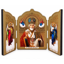 Load image into Gallery viewer, Saint St Nicholas With Archangels Michael and Gabriel Icon Triptych 5 1/2 Inch Tall
