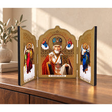 Load image into Gallery viewer, Saint St Nicholas With Archangels Michael and Gabriel Icon Triptych 5 1/2 Inch Tall
