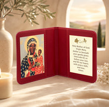 Load image into Gallery viewer, Our Lady of Czestochowa Black Madonna and Child Jesus Icon Print in Travel Prayer Book - Traveling Faith:  with Prayer in Leatherette Wallet Case  3 7/8"
