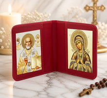 Load image into Gallery viewer, Traveling Icon Diptych - Book Saint Nicholas &amp; Seven Swords Virgin Mary - Traveling Faith - Leatherette Case 3 7/8" Gold Foiled Icons
