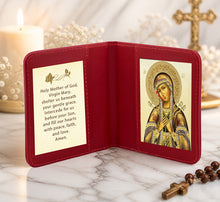 Load image into Gallery viewer, Travel Prayer Book - Traveling Faith: Seven Swords Virgin Mary Icon with Prayer in Leatherette Wallet Case - Gold Foil Icon 3 7/8"
