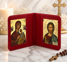 Load image into Gallery viewer, Traveling Icon Diptych - Book-  Virgin Mary - Formidable Protection - Our Lady of Perpetual Help &amp; Christ The Teacher - Traveling Faith - Greek Byzantine Icons Gold Foiled - Leatherette Case
