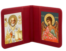 Load image into Gallery viewer, Traveling Icon Diptych - Book Saint Nicholas &amp; Guardian Angel - Traveling Faith - Leatherette Case 3 7/8" Gold Foiled Icons
