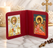 Load image into Gallery viewer, Traveling Icon Diptych - Book Saint Nicholas &amp; Guardian Angel - Traveling Faith - Leatherette Case 3 7/8" Gold Foiled Icons
