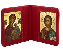 Load image into Gallery viewer, Traveling Icon Diptych - Book-  Virgin Mary - Formidable Protection - Our Lady of Perpetual Help &amp; Christ The Teacher - Traveling Faith - Greek Byzantine Icons Gold Foiled - Leatherette Case

